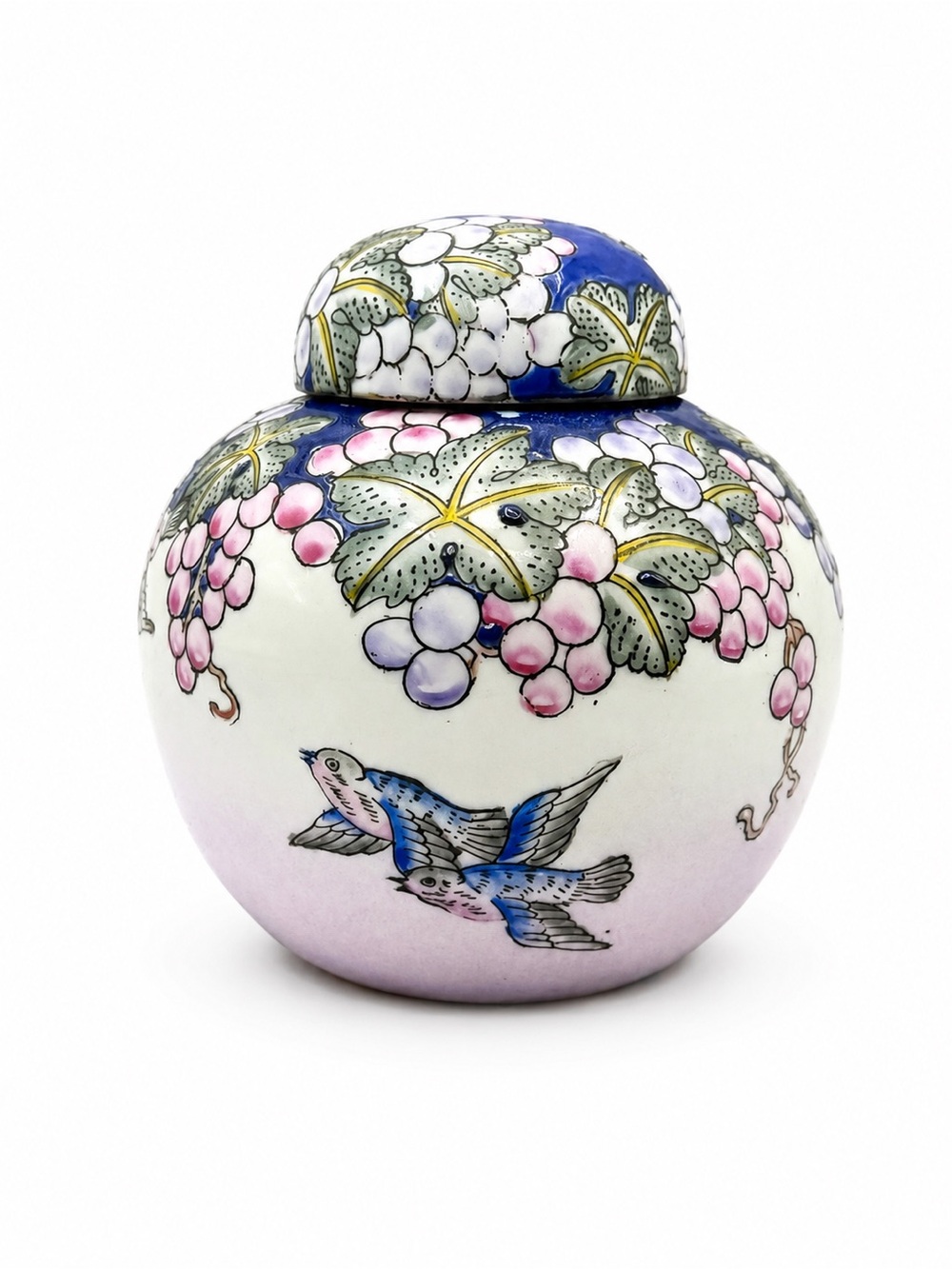 Vintage Toyo Hand Painted Porcelain Ginger Jar Lid Blue Birds Grapes 4.5”